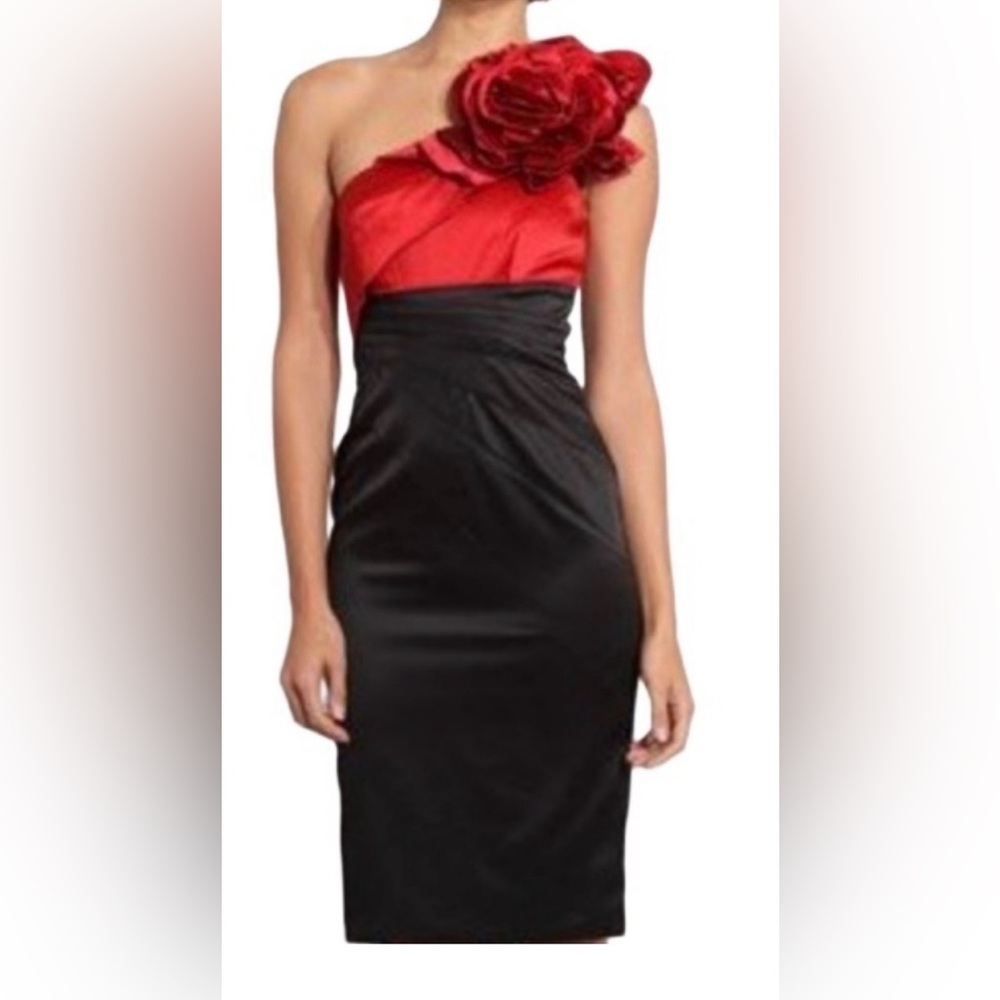 Karen Millen One Shoulder Red and Black Rosette Dress